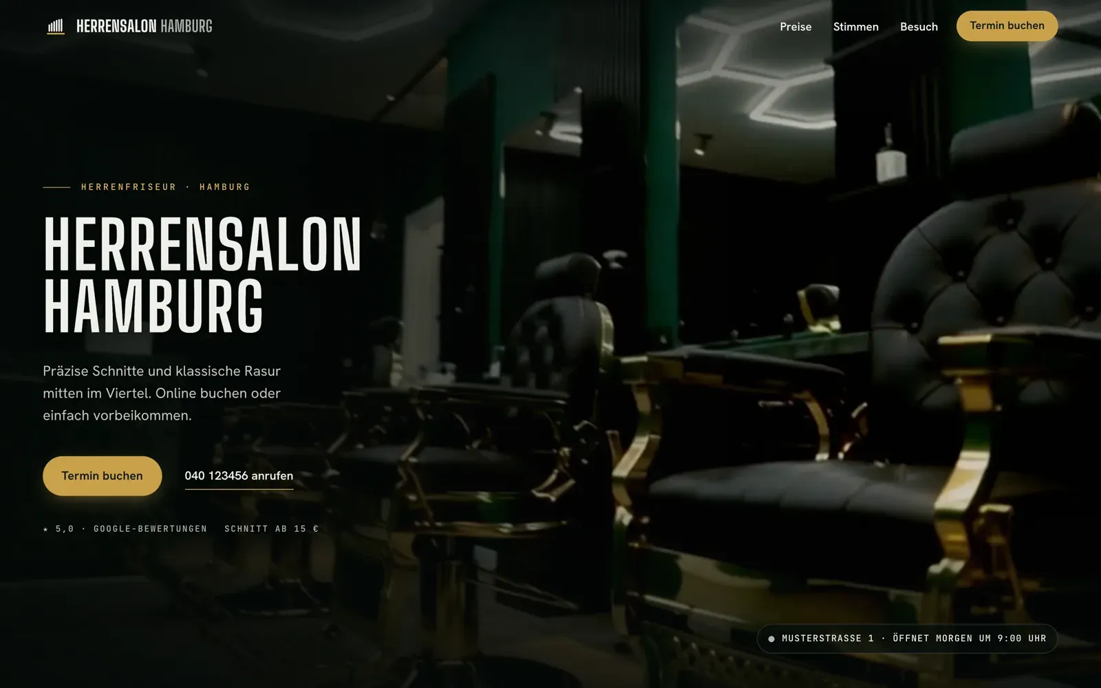 Startseite eines Barbershop-Konzepts: dunkles Grün, goldene Buttons, großer Titel
